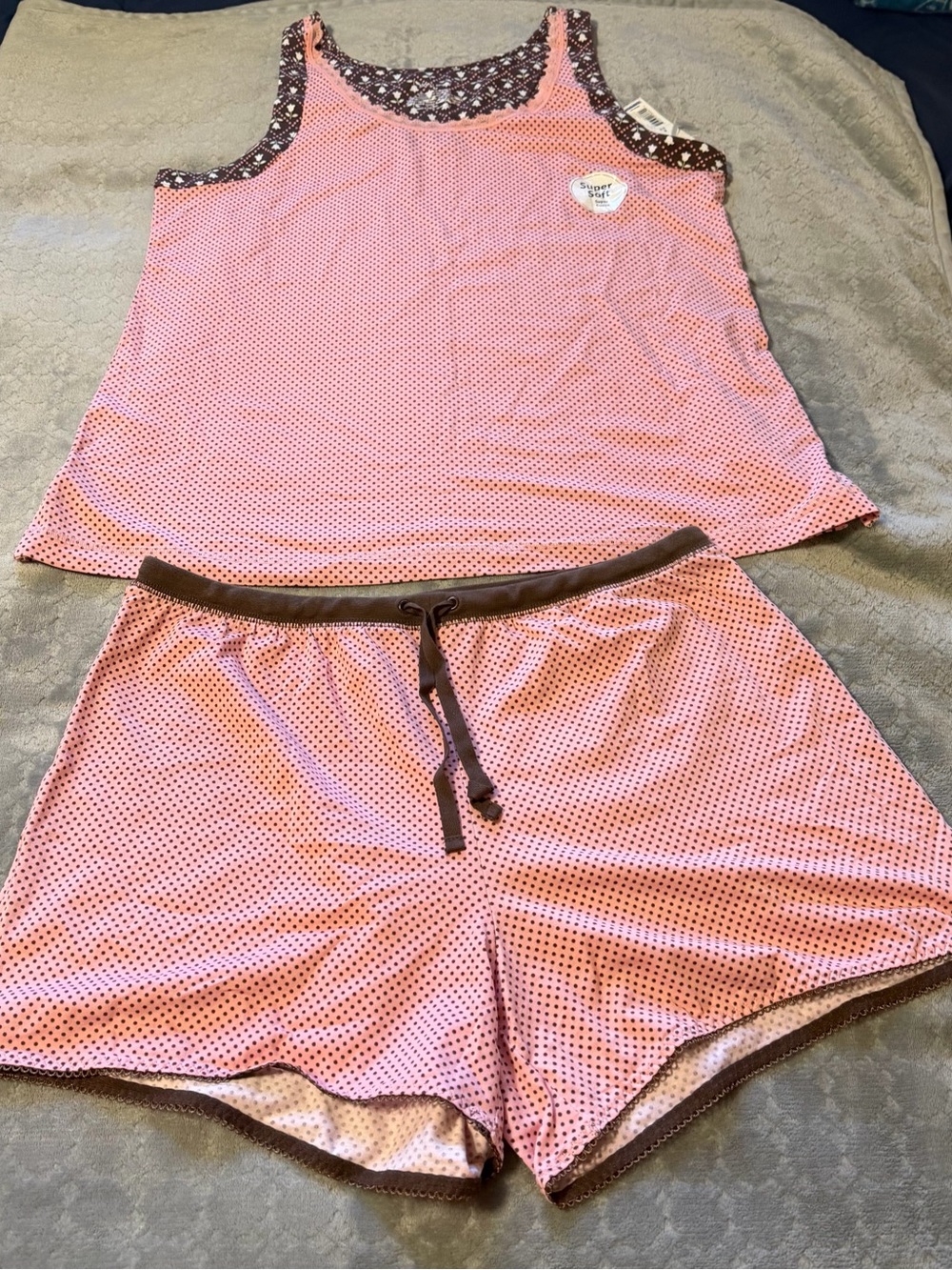 Women's Pink Polka Dot Tank & Short Sleep Set with Brown Trim